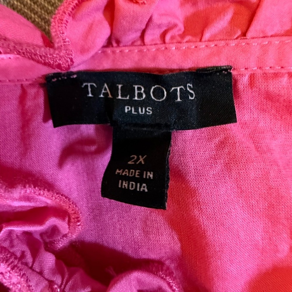 Talbots Plus Pink Eyelet Embroidered Cotton Top 2X Ruffle Neck 3/4 Sleeve 2448 - Picture 2 of 10